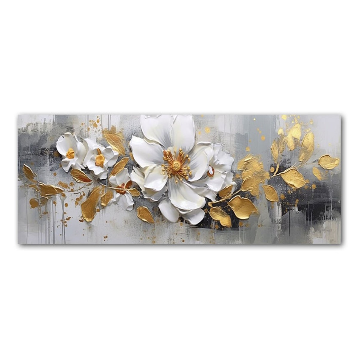 White Flower with Gold Leaves 3d Heavy Textured Partial Oil Painting